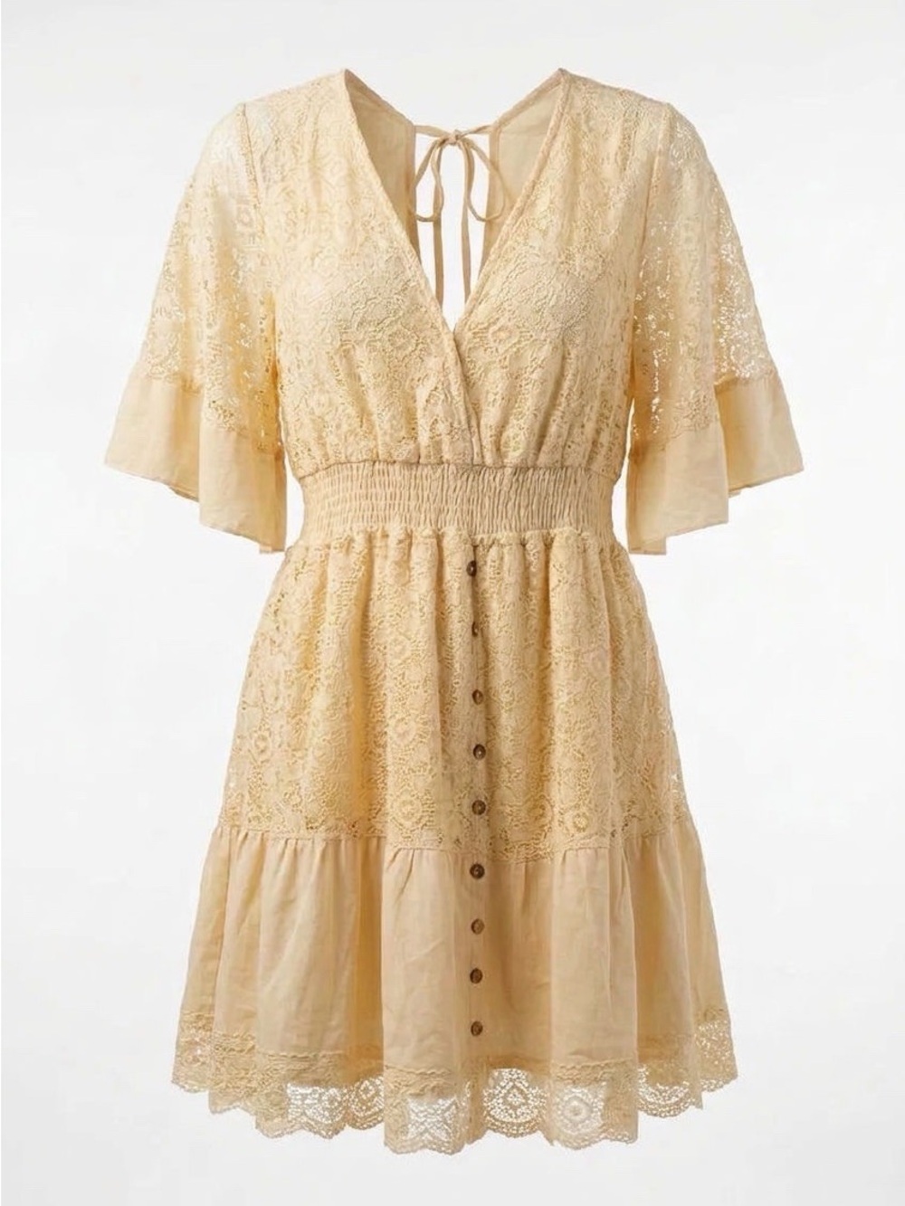 Smocked Lace Button-Front Mini Dress in Light Cream